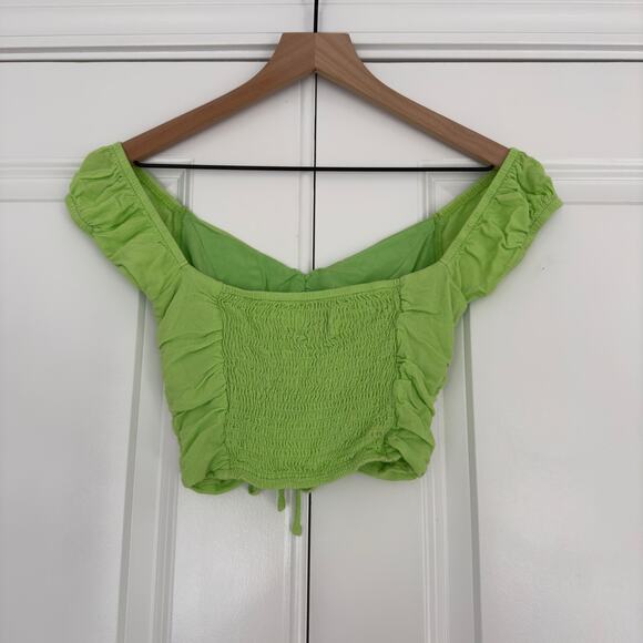Princess Polly Darshan Top Lime cropped cinched ruched front cap sleeve v-neck 2 - Picture 3 of 10